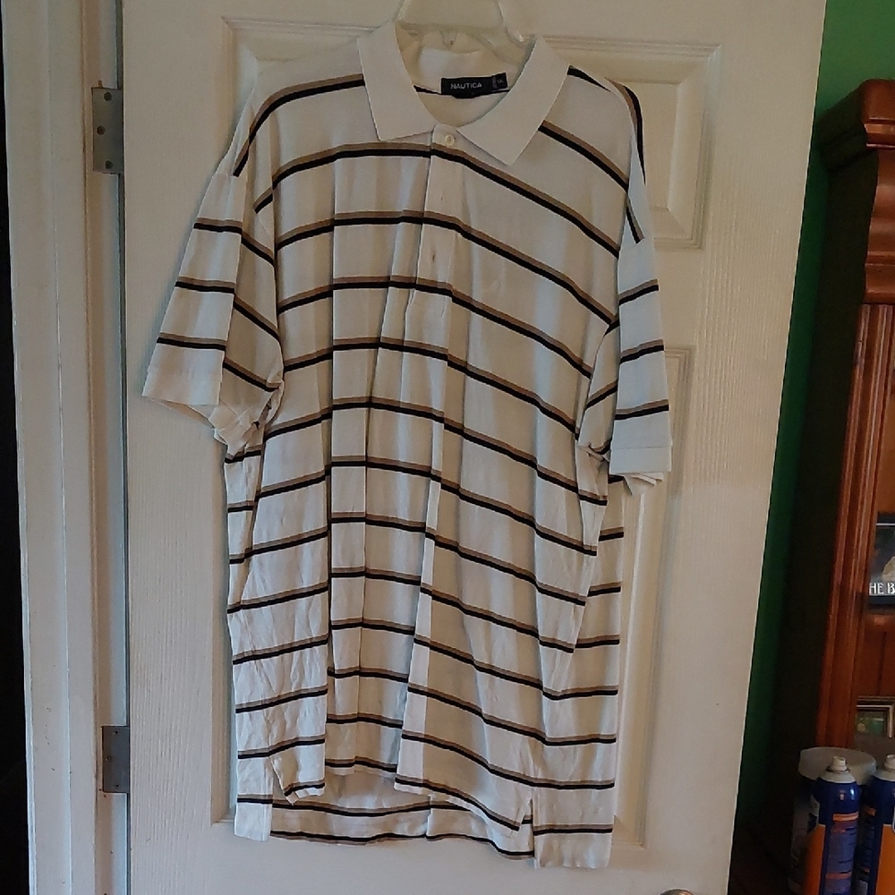 Nautica Cream and Black Striped Polo Shirt